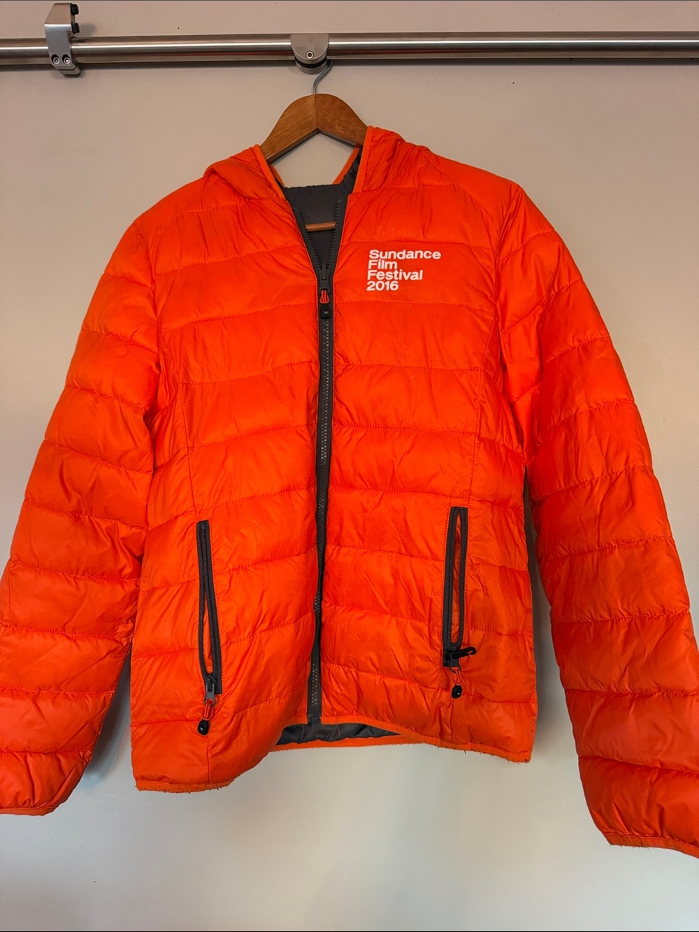 Reversible Kenneth Cole Orange Hooded Quilted Puffer Jacket